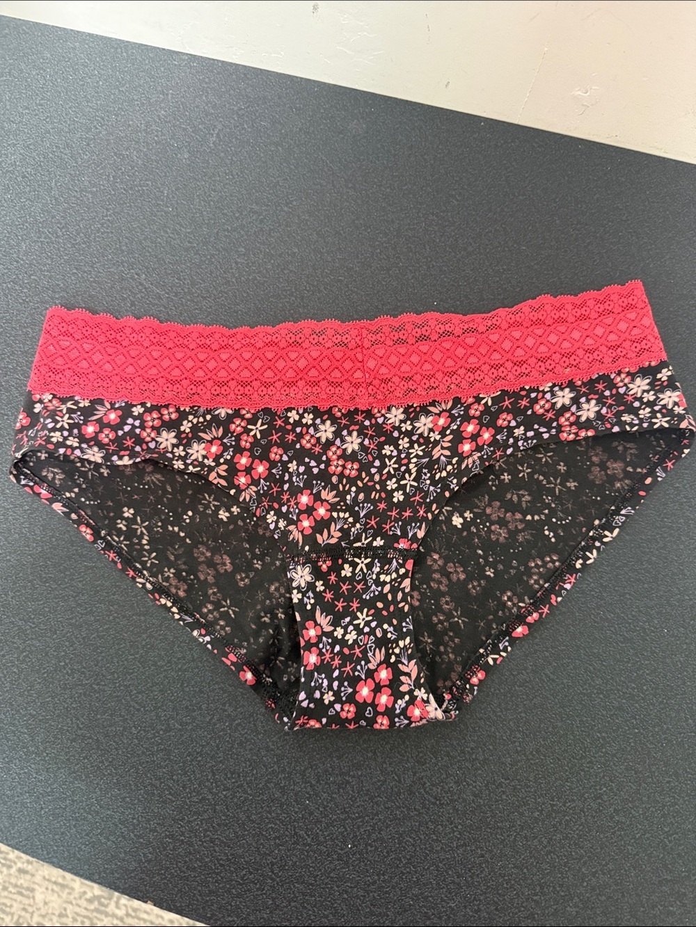 Victoria's Secret Black Floral Lace-Trim Hipster Panty with Pink Waistband